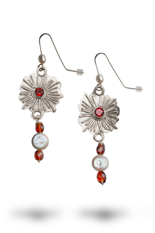 Fine silver, bright orange mandarin garnets, coin pearls and red spessartine garnets.  A beautiful mix of silver, red, orange and white accented by textured fine silver.